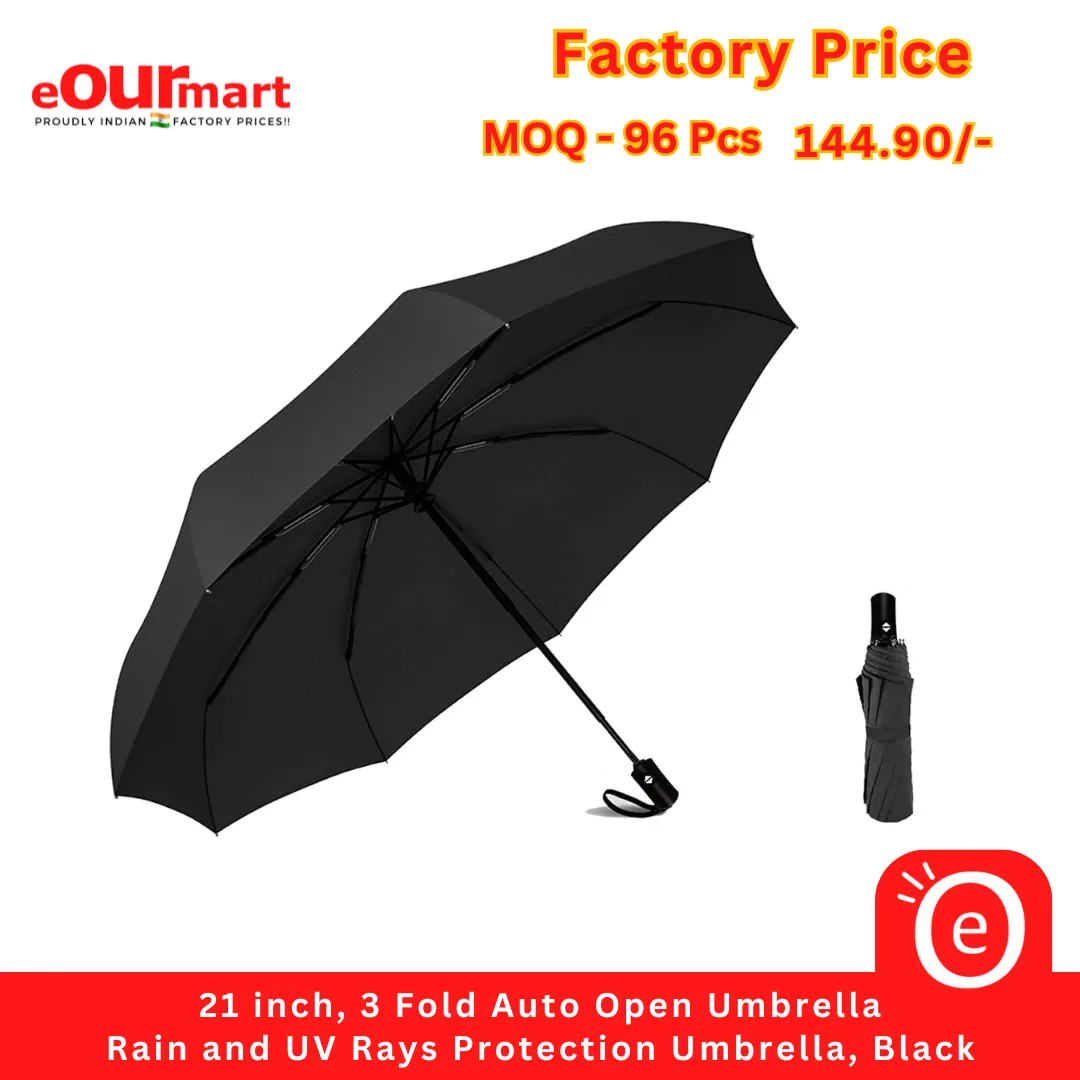 21 inch, 3 Fold Auto Open Umbrella | Rain and UV Rays Protection Umbrella, Black