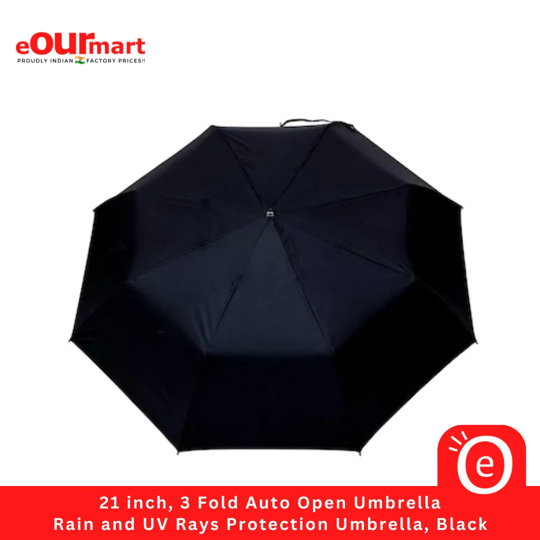 21 inch, 3 Fold Auto Open Umbrella | Rain and UV Rays Protection Umbrella, Black