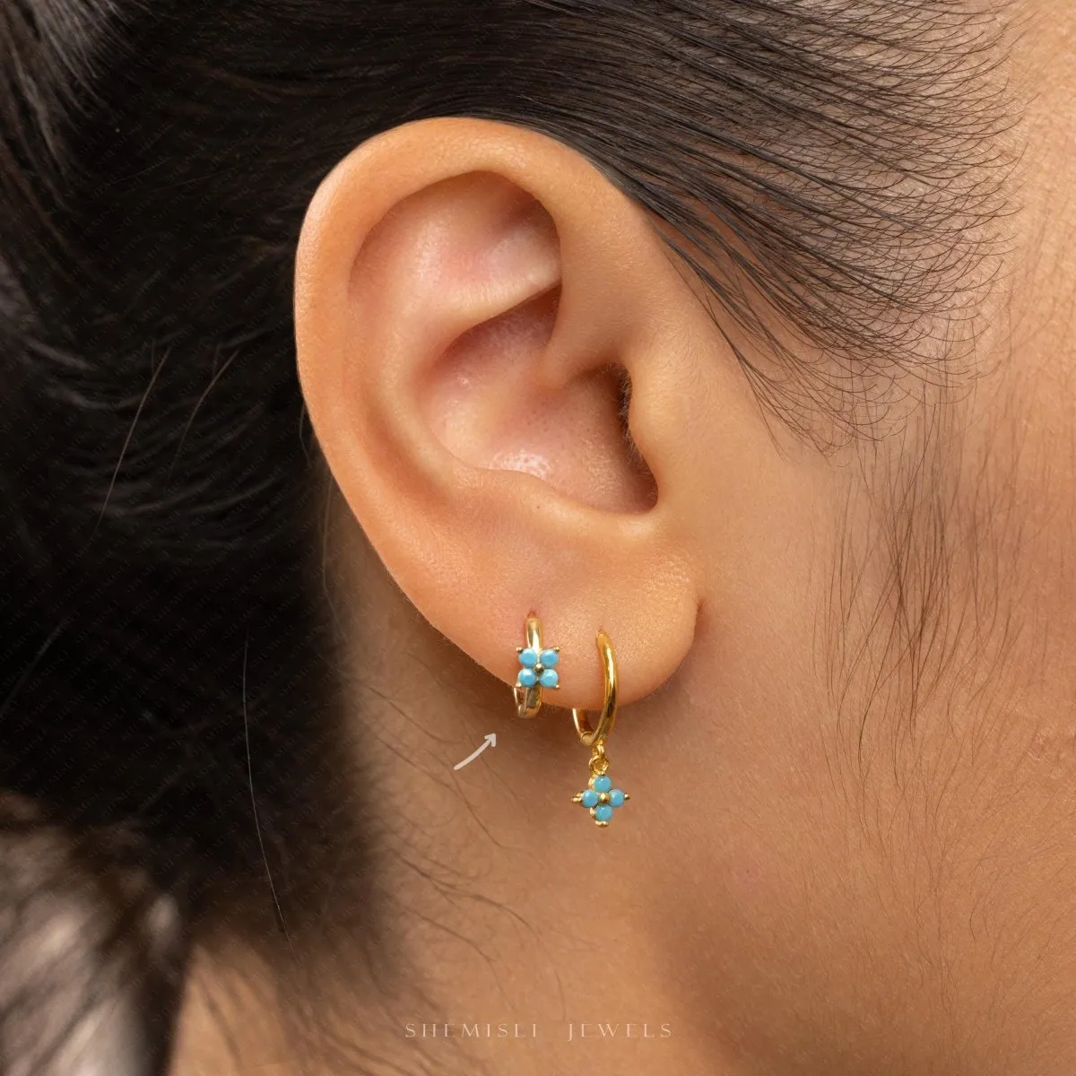 4 Petal Clover Turquoise CZ Helix Hoops, Unisex, Gold, Silver SHEMISLI - SH553, SH554, SH555