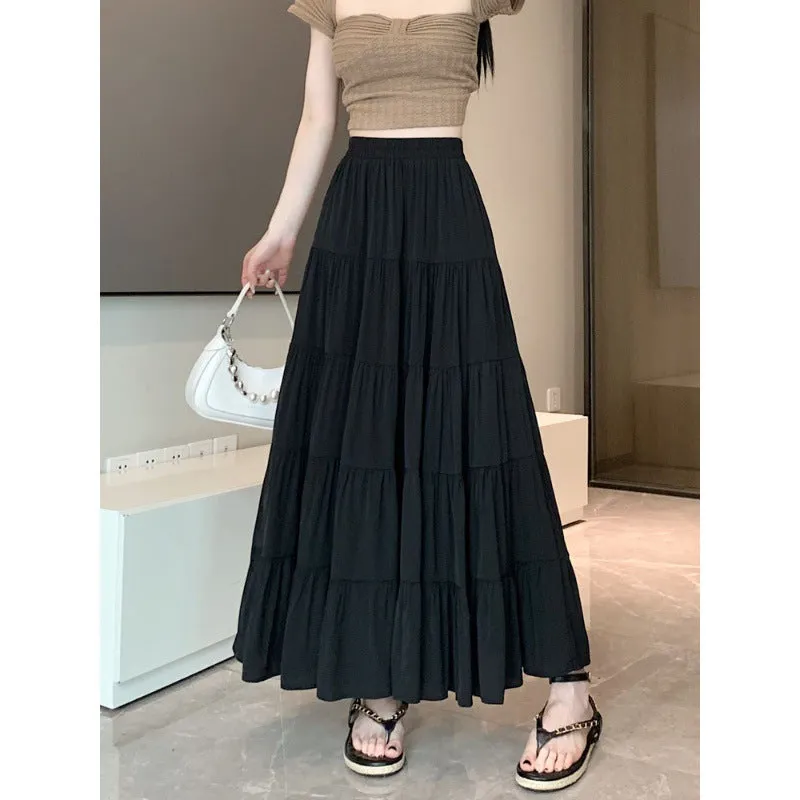 Amozae church outfit Elastic Waist Cake Skirt for Women Spring and Summer New High Waist Slimming Design Stitching A- line Large Swing Umbrella Skirt Long Skirt