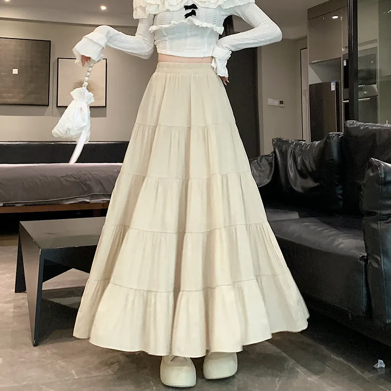 Amozae church outfit Elastic Waist Cake Skirt for Women Spring and Summer New High Waist Slimming Design Stitching A- line Large Swing Umbrella Skirt Long Skirt