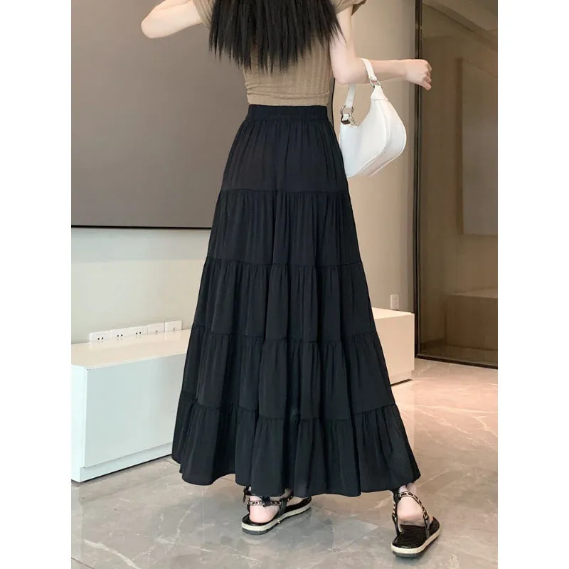 Amozae church outfit Elastic Waist Cake Skirt for Women Spring and Summer New High Waist Slimming Design Stitching A- line Large Swing Umbrella Skirt Long Skirt