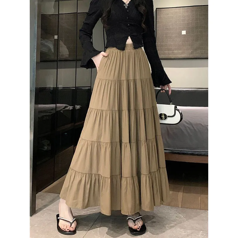 Amozae church outfit Elastic Waist Cake Skirt for Women Spring and Summer New High Waist Slimming Design Stitching A- line Large Swing Umbrella Skirt Long Skirt