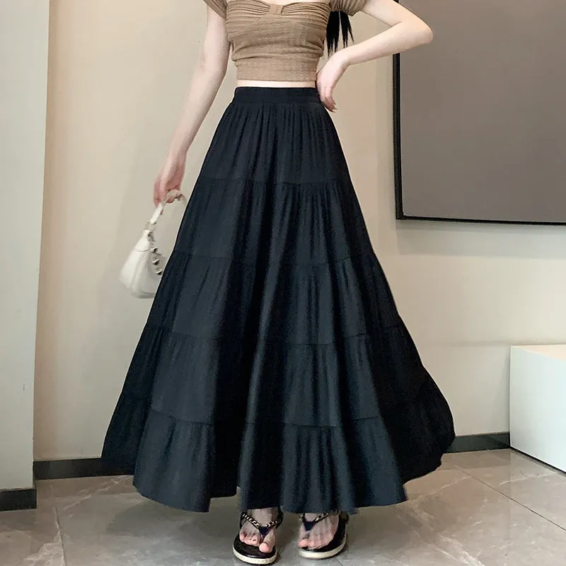 Amozae church outfit Elastic Waist Cake Skirt for Women Spring and Summer New High Waist Slimming Design Stitching A- line Large Swing Umbrella Skirt Long Skirt