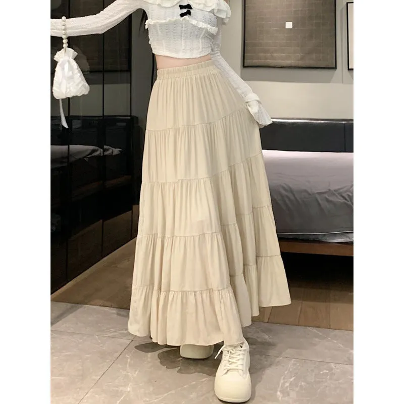 Amozae church outfit Elastic Waist Cake Skirt for Women Spring and Summer New High Waist Slimming Design Stitching A- line Large Swing Umbrella Skirt Long Skirt