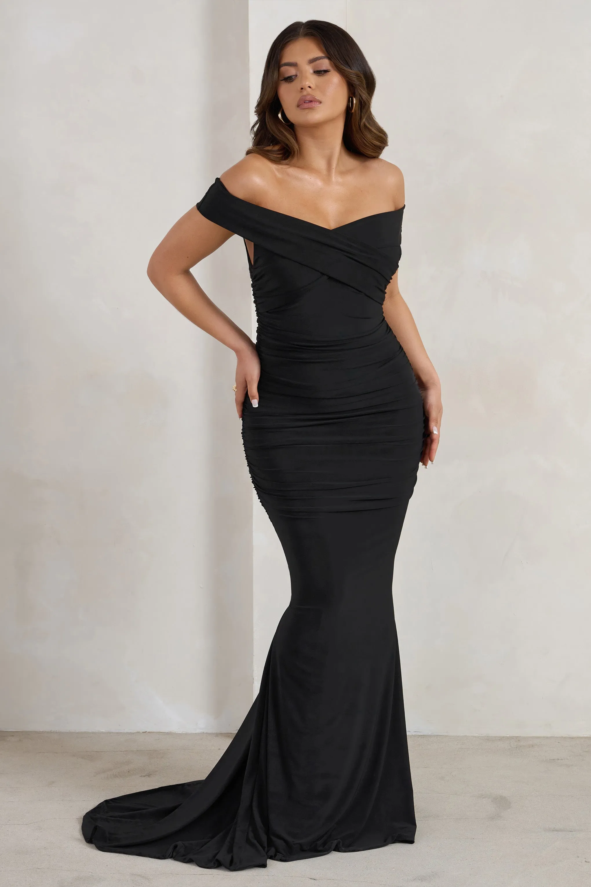 Apolline | Black Off The Shoulder Ruched Fishtail Maxi Dress