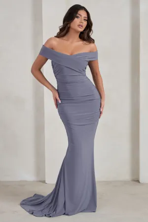 Apolline | Grey Off The Shoulder Ruched Fishtail Maxi Dress