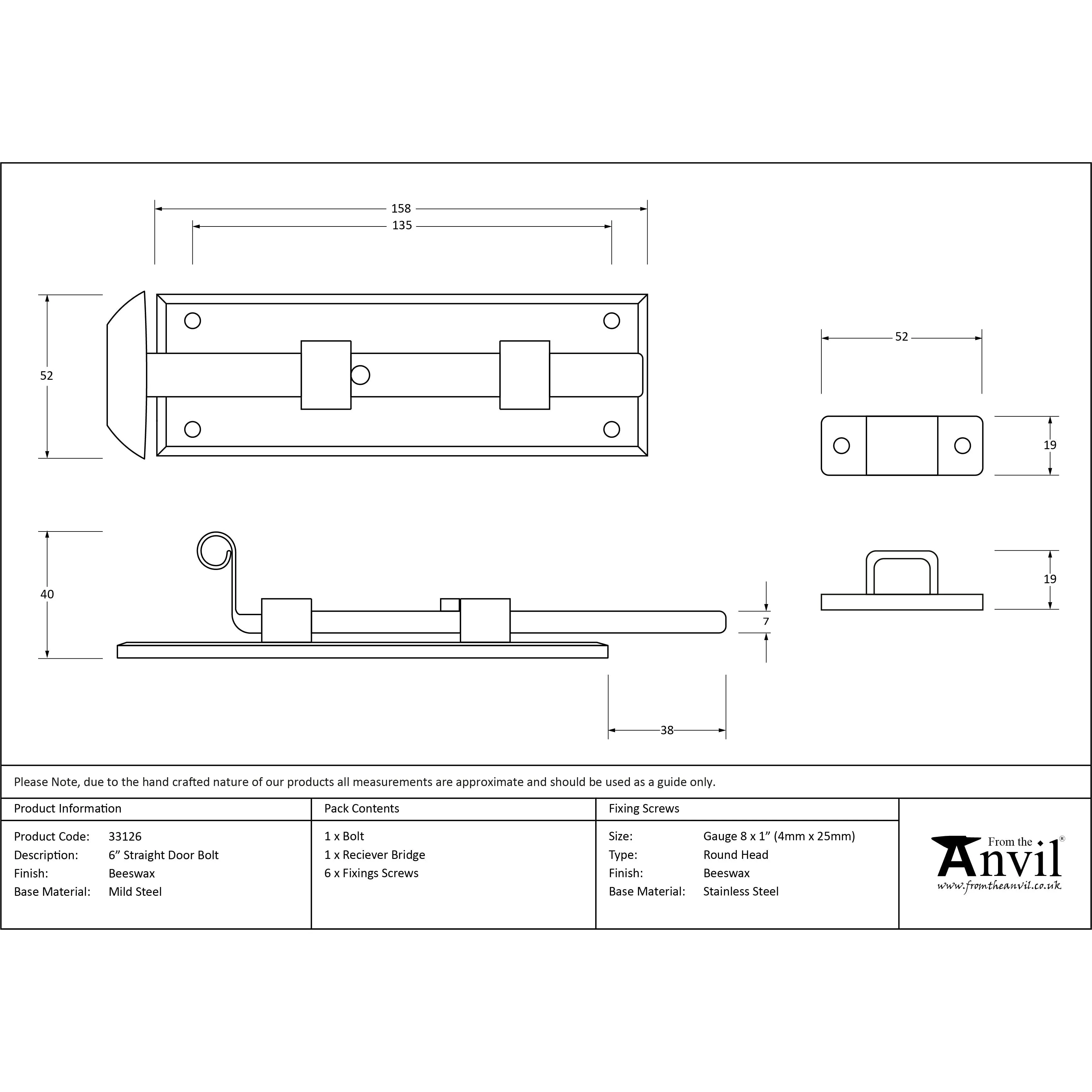 Beeswax 6" Straight Door Bolt | From The Anvil