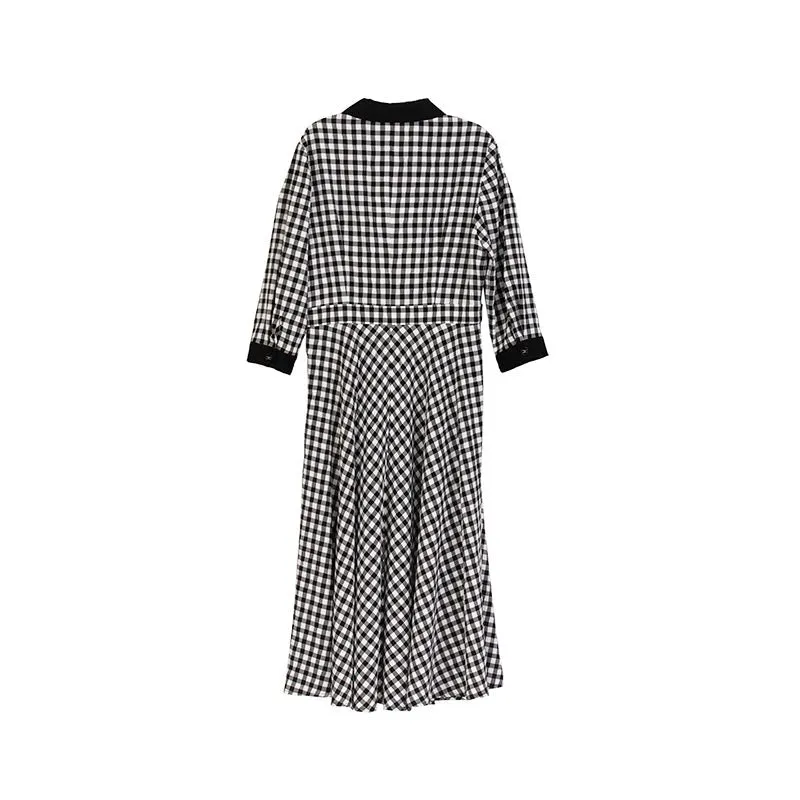 Black Checkered Waist Belted Midi Dresses