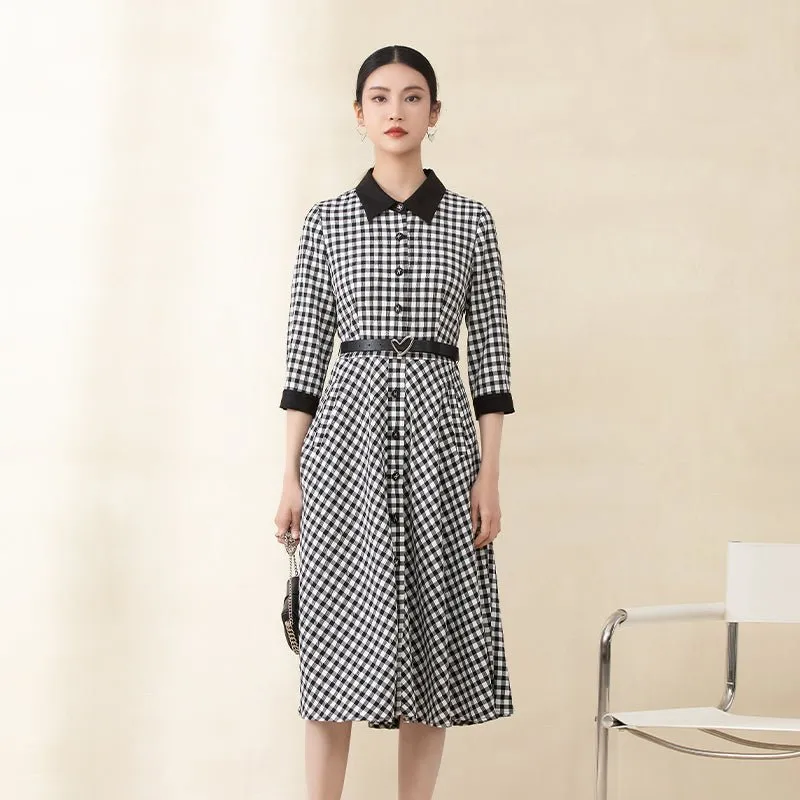 Black Checkered Waist Belted Midi Dresses