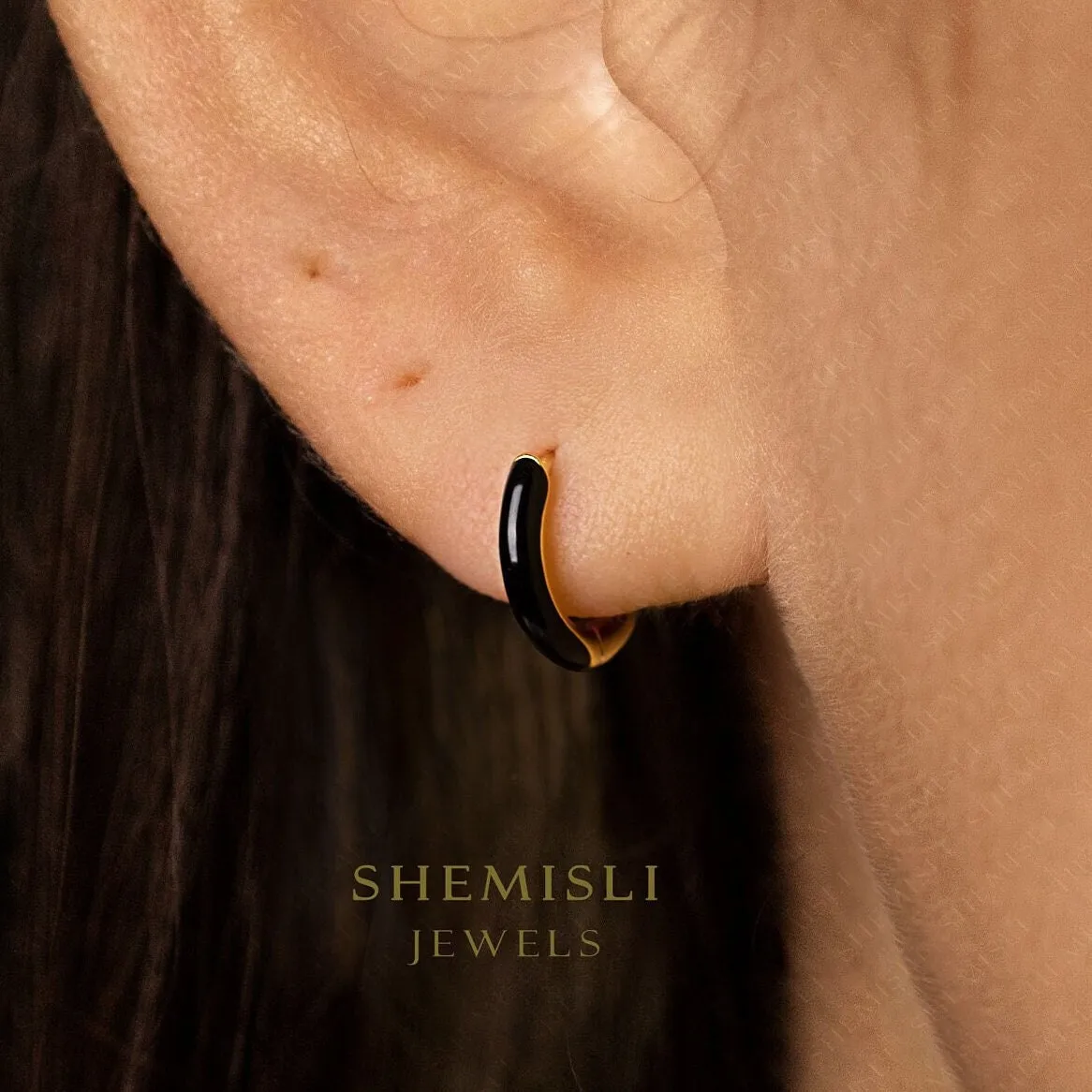 Black Enamel Hoop Earrings, Huggies, Unisex, Gold, Silver SHEMISLI SH514