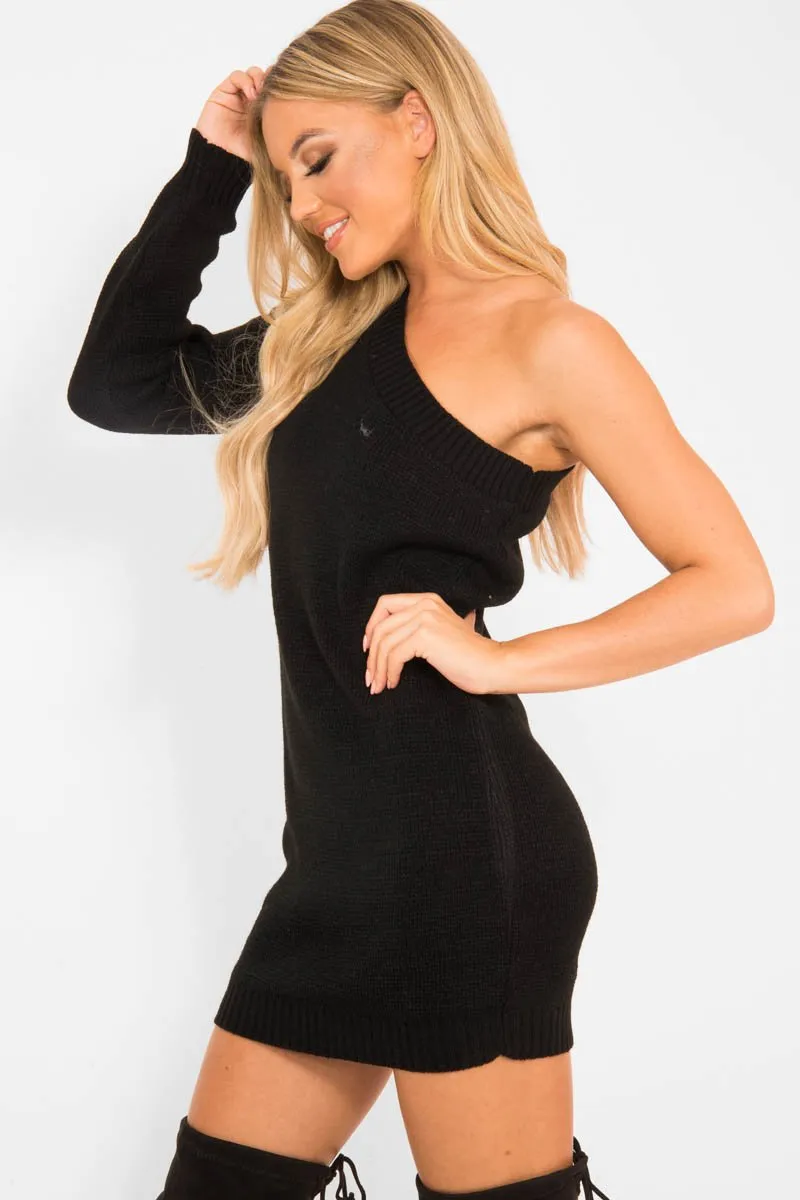 Black One Shoulder Jumper Dress - Liseth