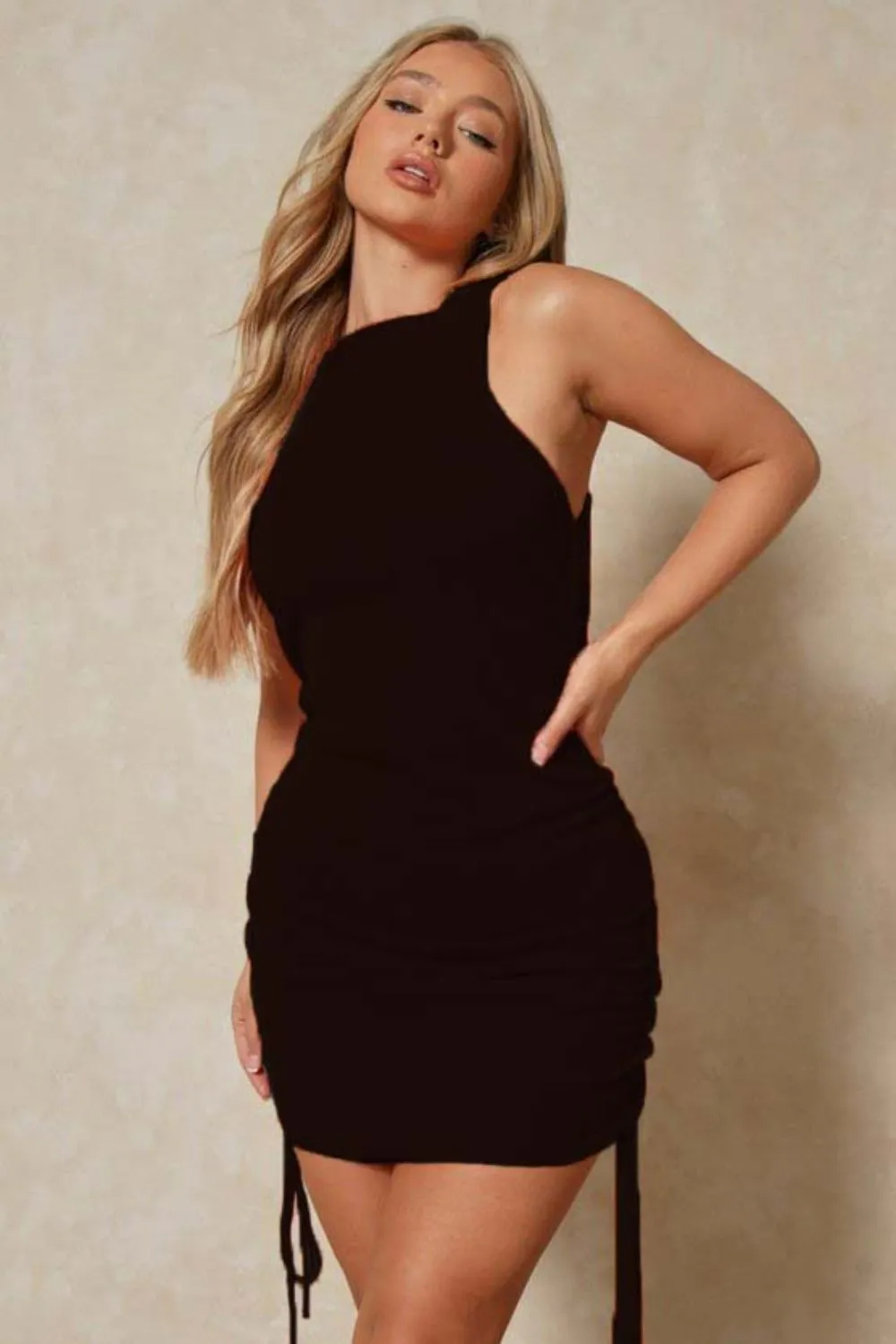 Black Sleeveless Knitted-Ruched Side Dress