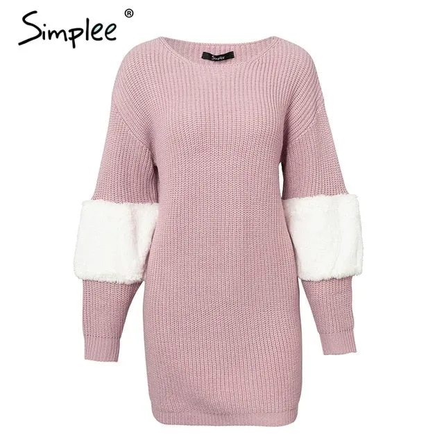 Casual Knitted Sweater Loose Spliced Dress