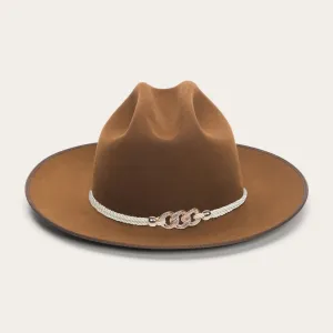 Classic Wide-Brim Khaki Cowboy Hat with Elegant Silver Rope Band and Buckle