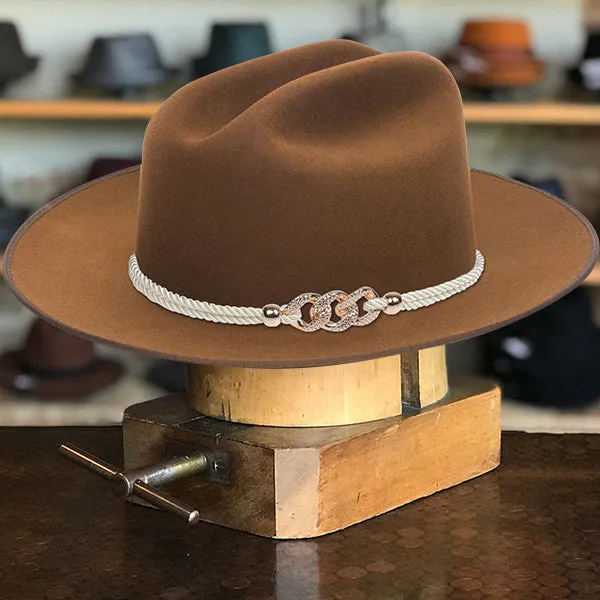 Classic Wide-Brim Khaki Cowboy Hat with Elegant Silver Rope Band and Buckle