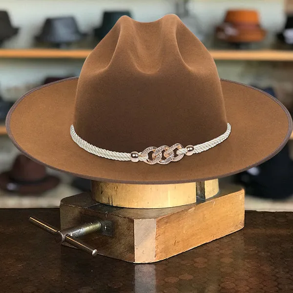 Classic Wide-Brim Khaki Cowboy Hat with Elegant Silver Rope Band and Buckle