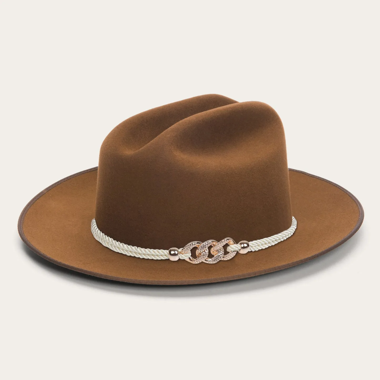 Classic Wide-Brim Khaki Cowboy Hat with Elegant Silver Rope Band and Buckle