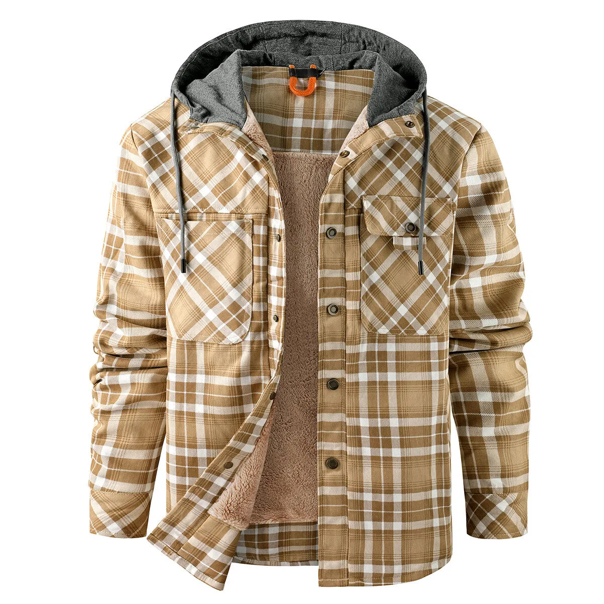 Cloudstyle Mens Hooded Jacket Plaid Single-Breasted Warm Winter Coat