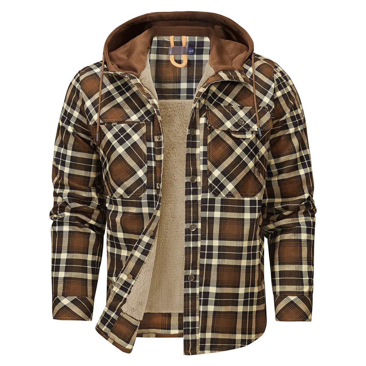 Cloudstyle Mens Hooded Jacket Plaid Single-Breasted Warm Winter Coat