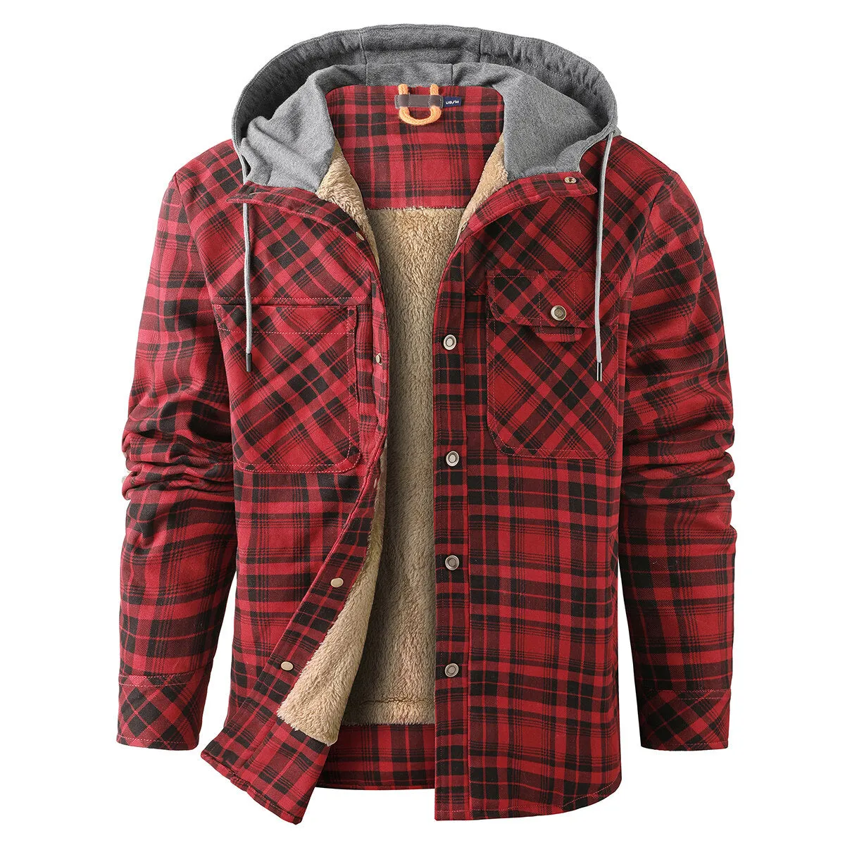 Cloudstyle Mens Hooded Jacket Plaid Single-Breasted Warm Winter Coat