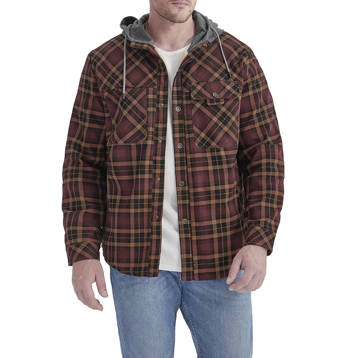 Cloudstyle Mens Hooded Jacket Plaid Single-Breasted Warm Winter Coat