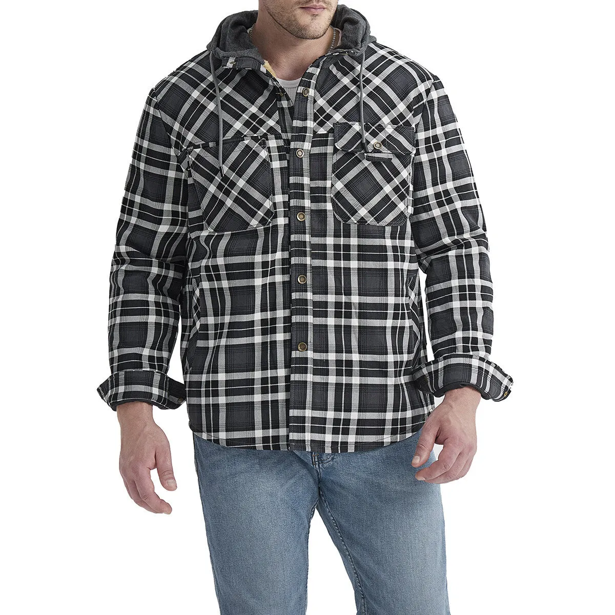 Cloudstyle Mens Hooded Jacket Plaid Single-Breasted Warm Winter Coat