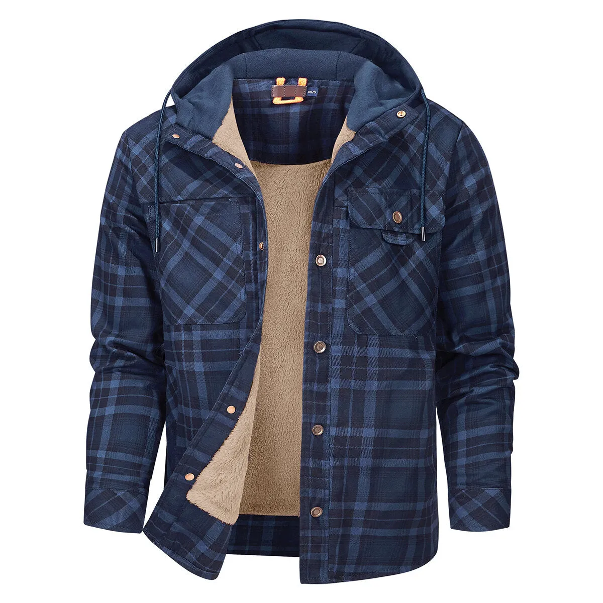 Cloudstyle Mens Hooded Jacket Plaid Single-Breasted Warm Winter Coat