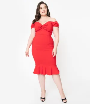 Collectif Plus Size Red Off Shoulder Sasha Fishtail Wiggle Dress