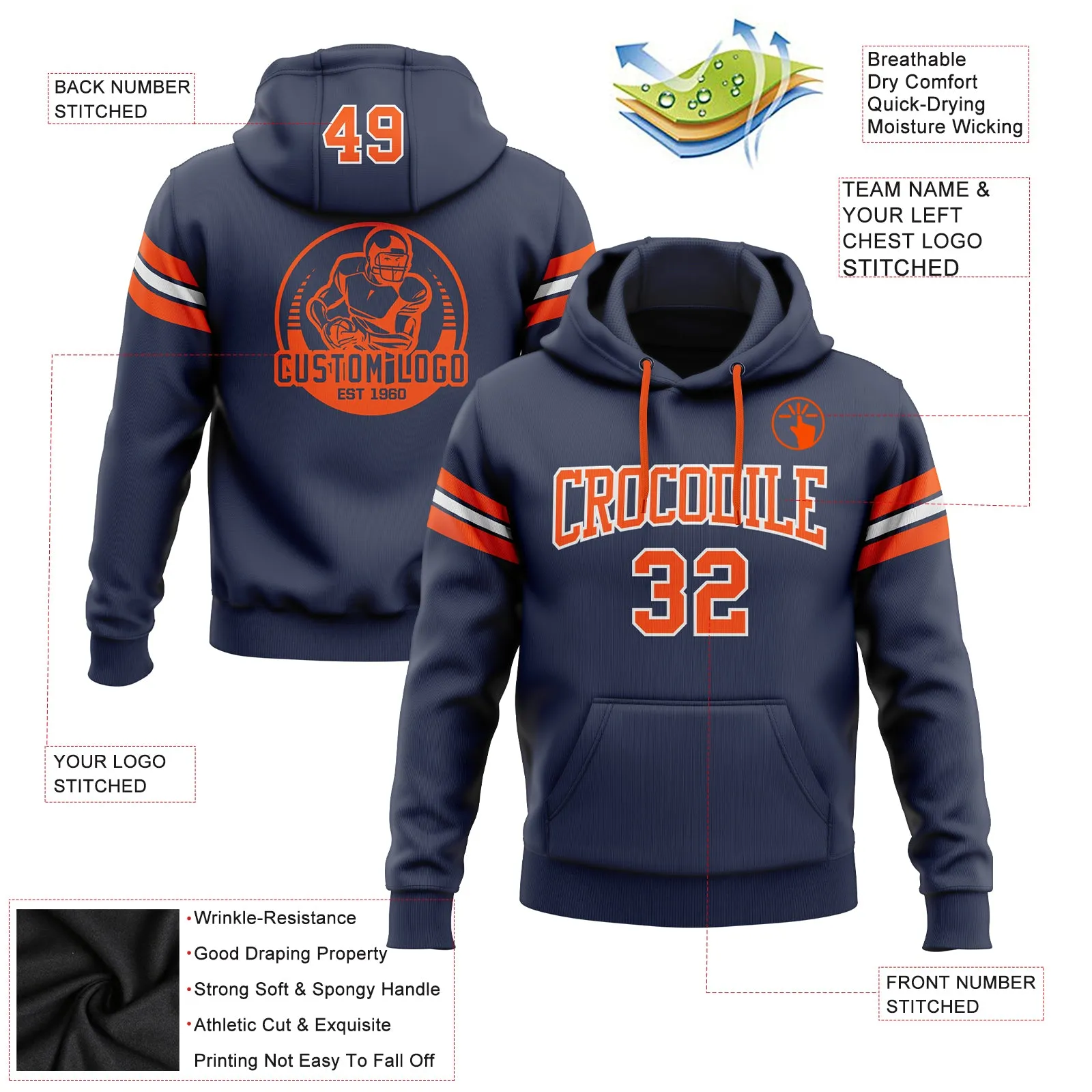 Custom Stitched Navy Orange-White Football Pullover Sweatshirt Hoodie