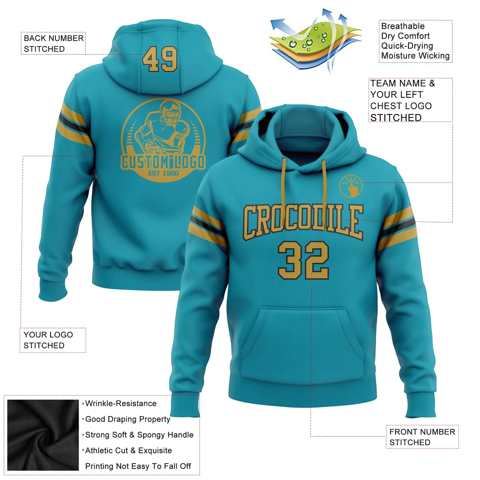 Custom Stitched Teal Old Gold-Black Football Pullover Sweatshirt Hoodie