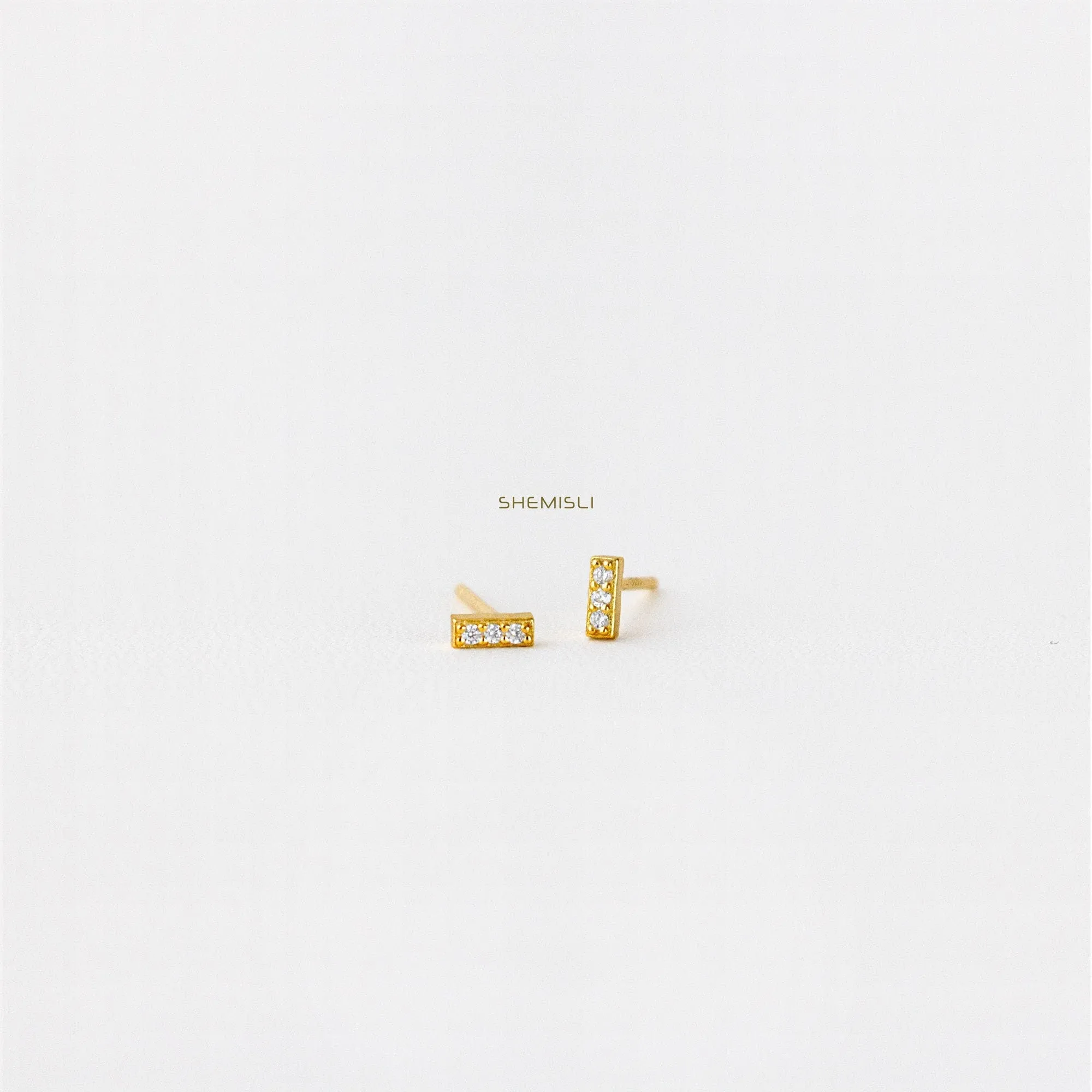 CZ Tiny Bar Studs Earrings, Cuboid Rectangle Shape Studs, Unisex, Gold, Silver SHEMISLI SS012