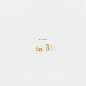 CZ Tiny Bar Studs Earrings, Cuboid Rectangle Shape Studs, Unisex, Gold, Silver SHEMISLI SS012