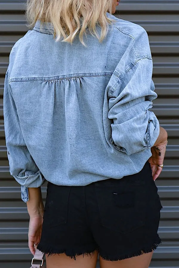 DENIM CROPPED DRAWSTRING TOP