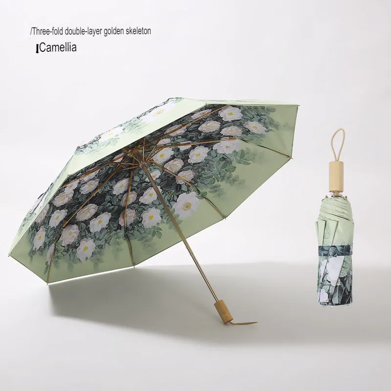 Double-Layer Sun Umbrella With Strong Sun Protection And Uv Protection For Women, Rain Or Shine, Retro High-Value Sun Umbrella, Vinyl Folding Umbrella