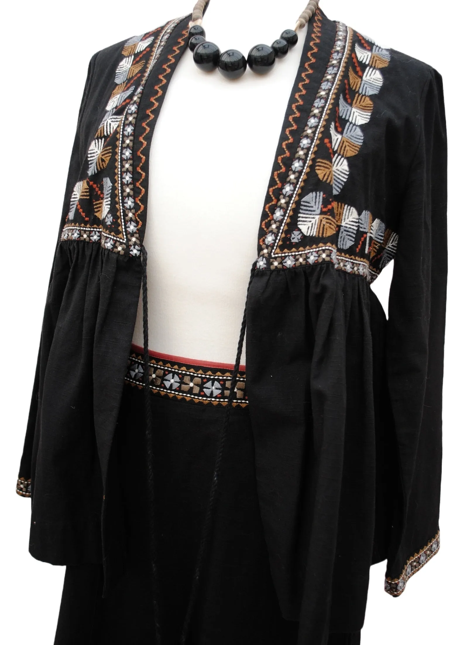 EAST Artisan Bohemian Folk Black Embroidered Cotton Skirt and Jacket