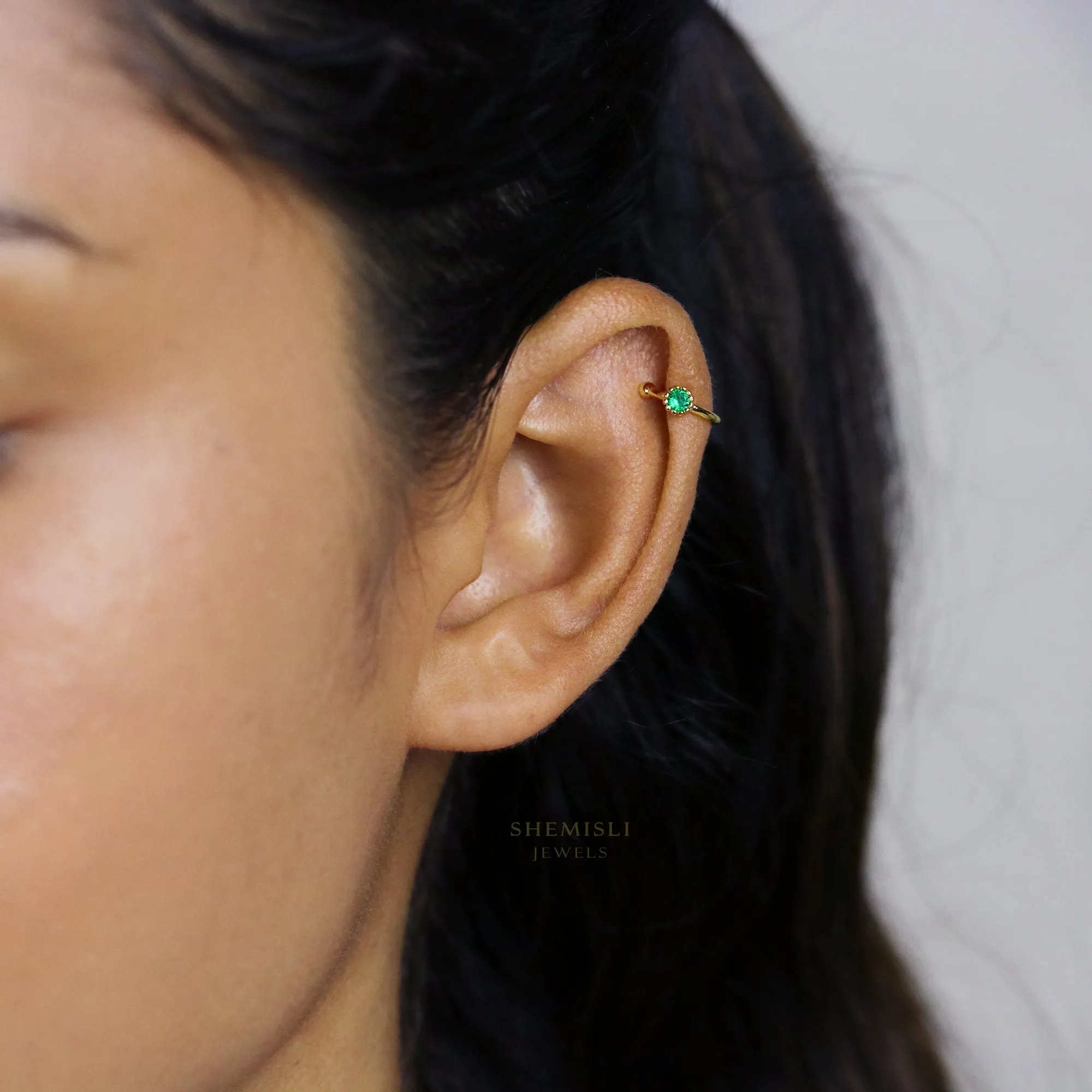 Emerald CZ Stone Ear Cuff, Earring No Piercing is Needed, Unisex, Gold, Silver SHEMISLI SF045