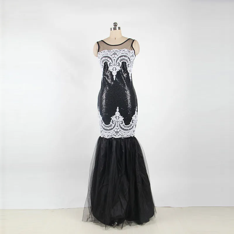 Europe and America long skirt sexy sleeveless sequin mesh stitching banquet evening dress dew backpack hip fishtail mopping dress