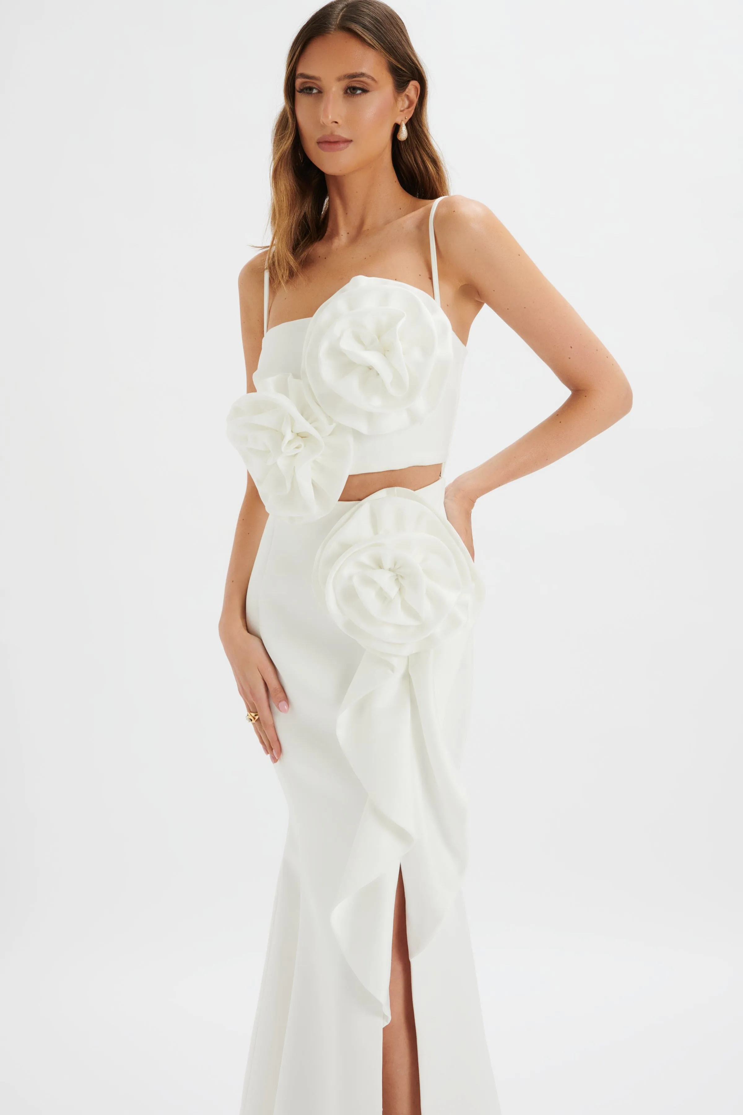 FLEUR Statement 3D Floral Satin Maxi Dress in White