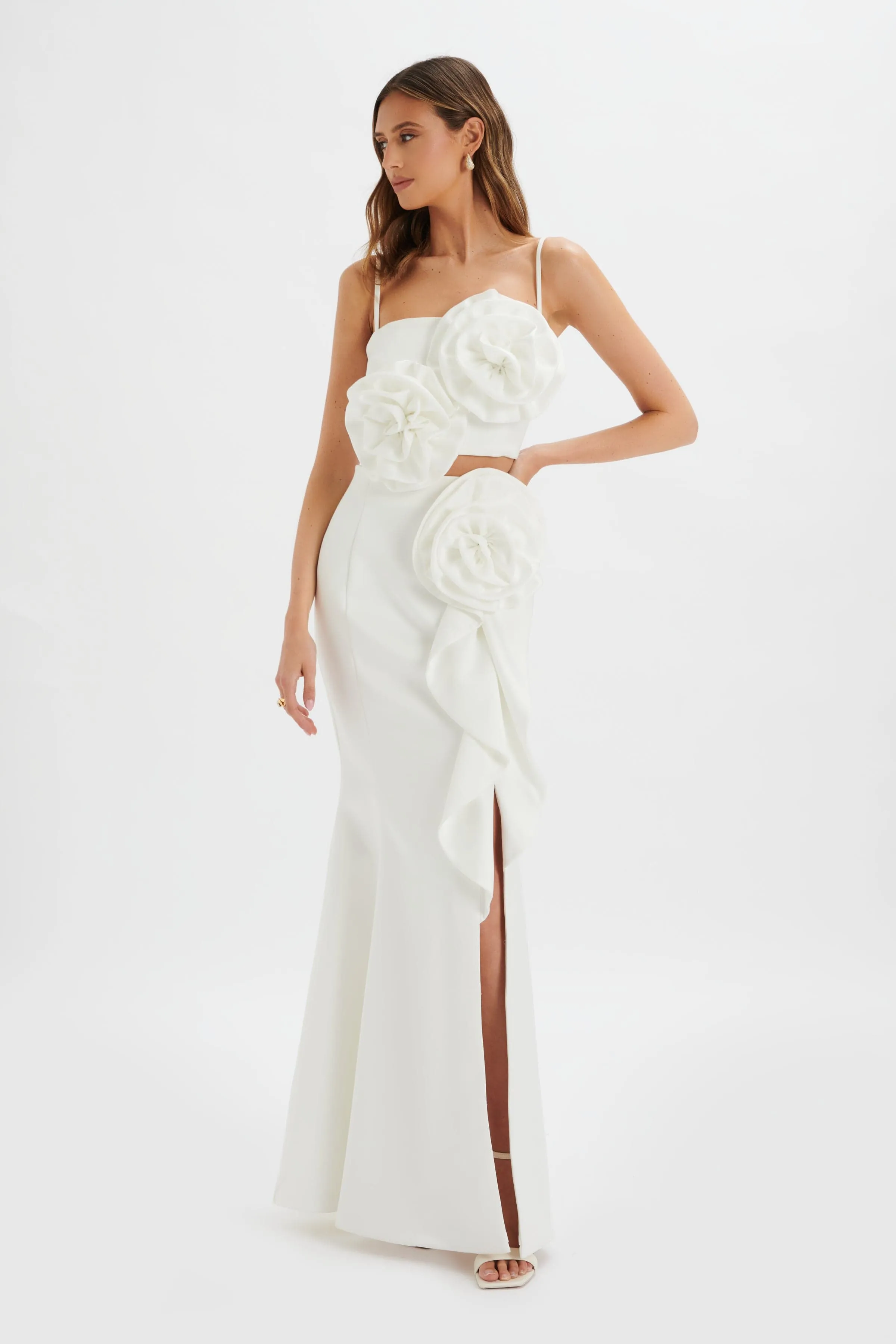 FLEUR Statement 3D Floral Satin Maxi Dress in White