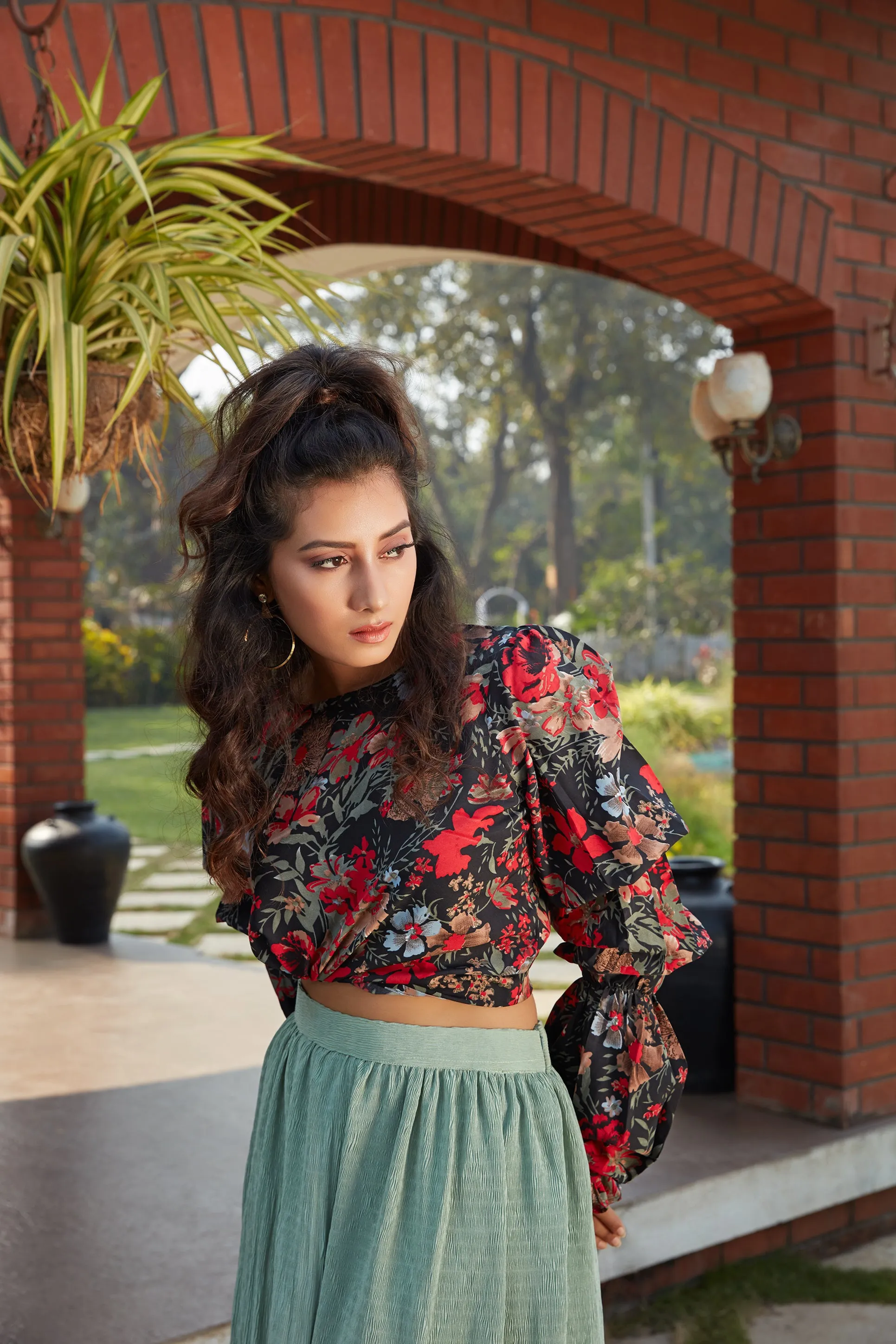 Green Printed Imported Indo Western Ready To Wear Skirt With Crop Top