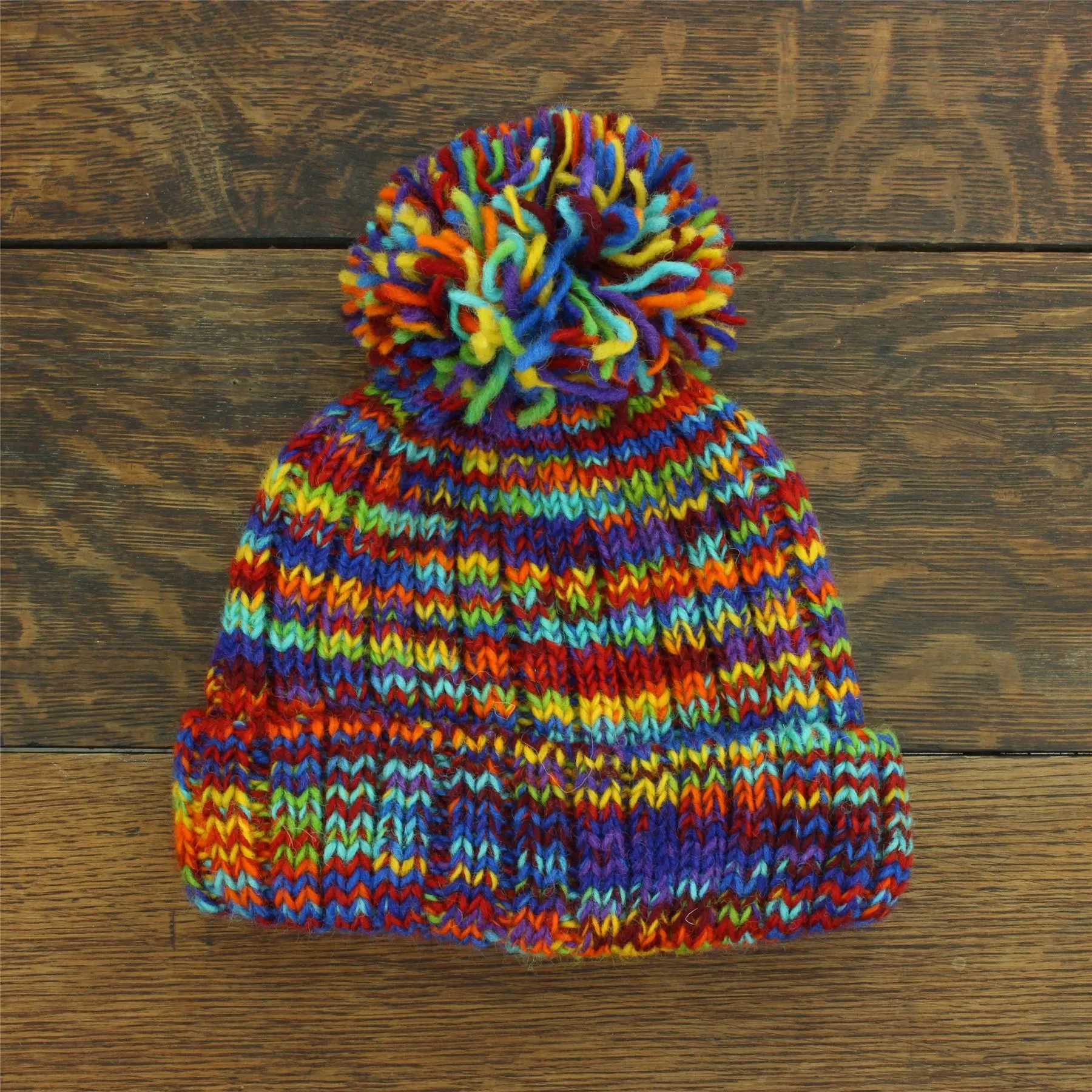 Hand Knitted Wool Beanie Bobble Hat - SD Rainbow 1