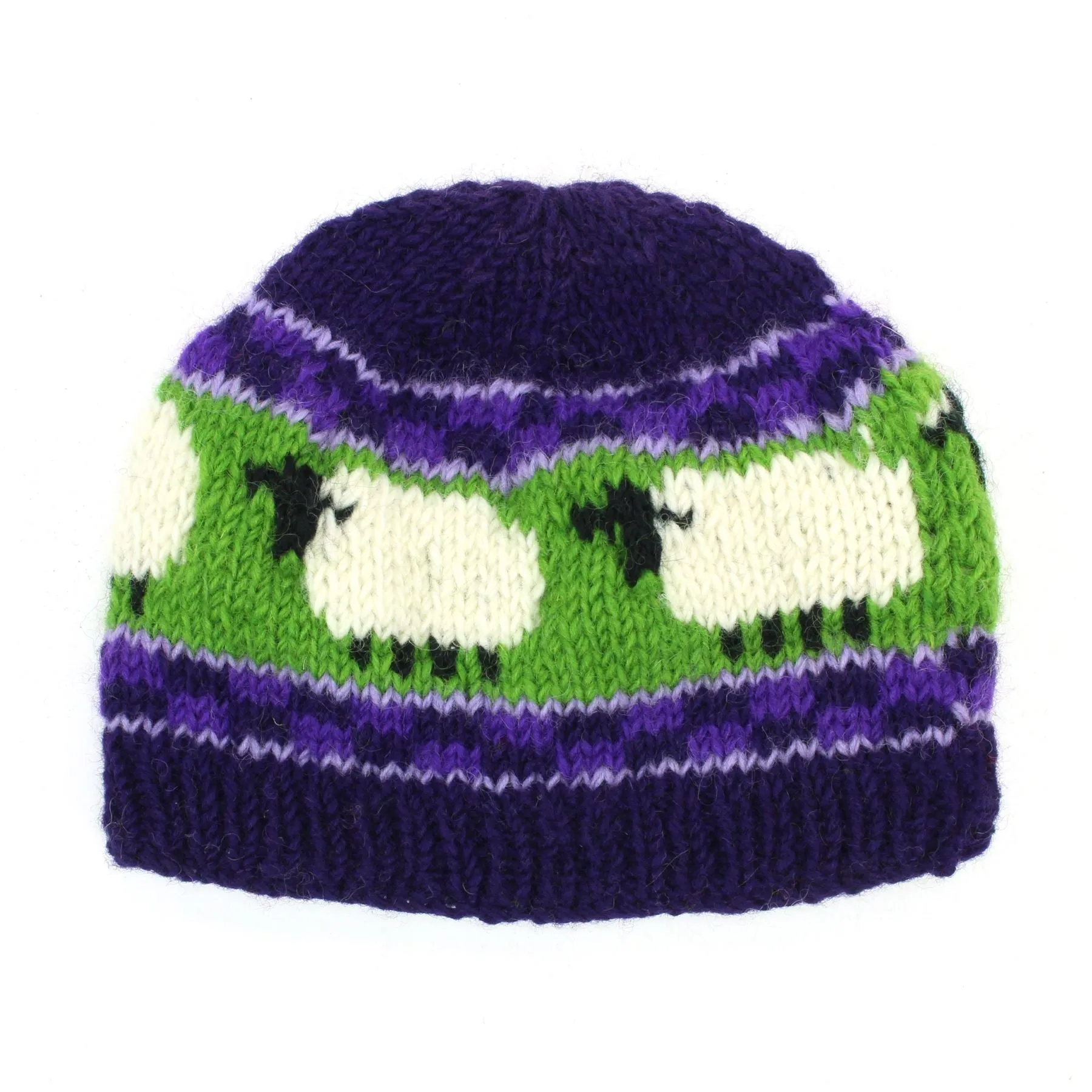 Hand Knitted Wool Beanie Hat - Purple Green