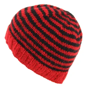 Hand Knitted Wool Beanie Hat - Stripe Red Black