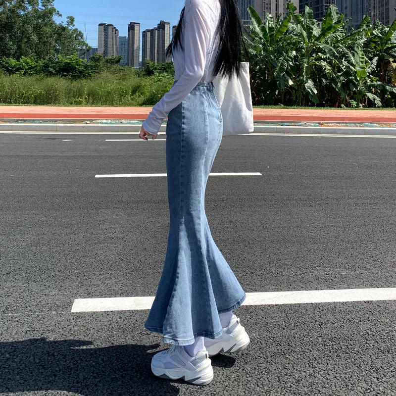 Joskka Sweet Cowboy Fishtail Dress Women Elasticity Slim y2k outfits Vent Buttock Covering Vintage Solid High Waist Denim Skirt