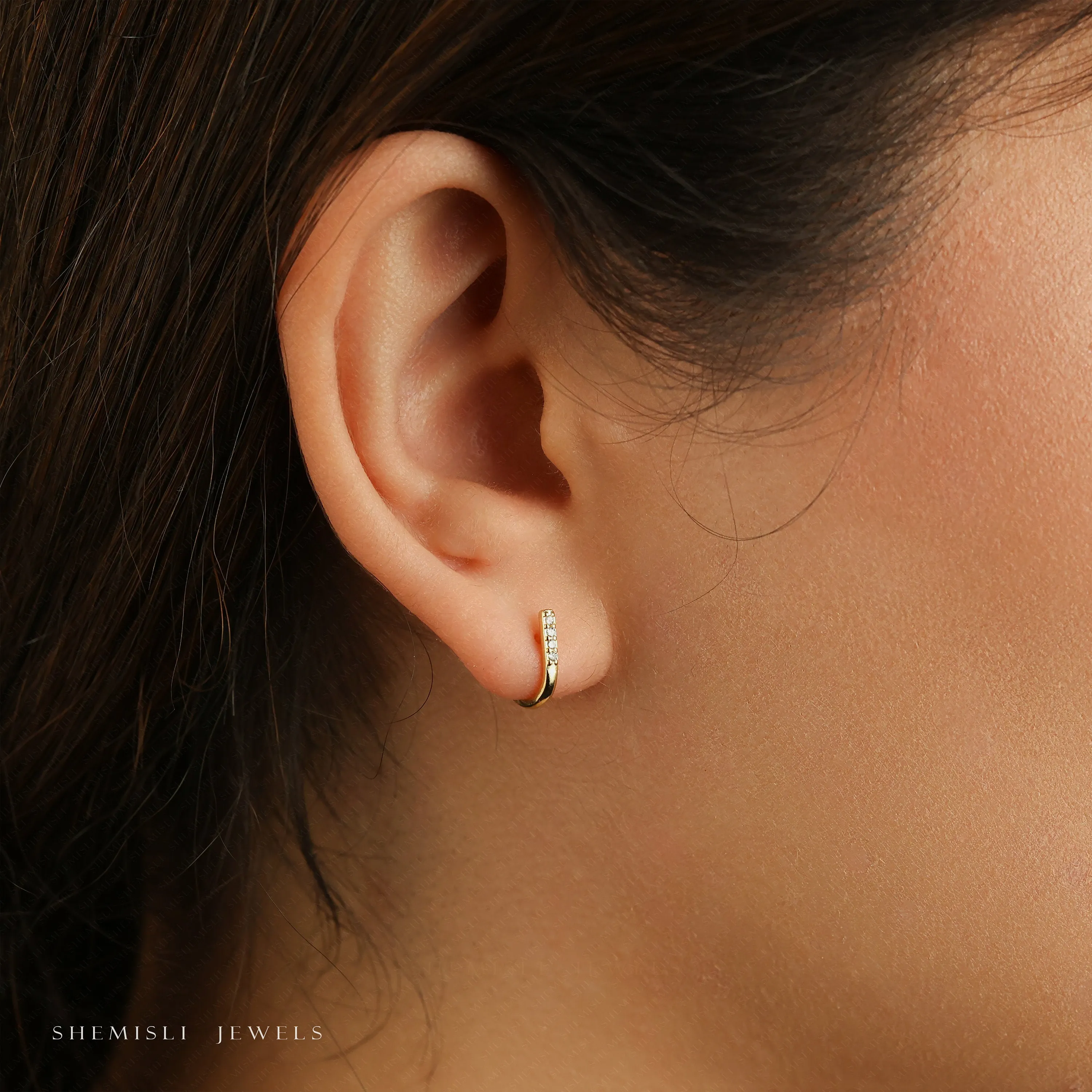 L Shape Small CZ Bar Studs, Hook Hoop Earrings,  Unisex, Gold, Silver SHEMISLI SS076