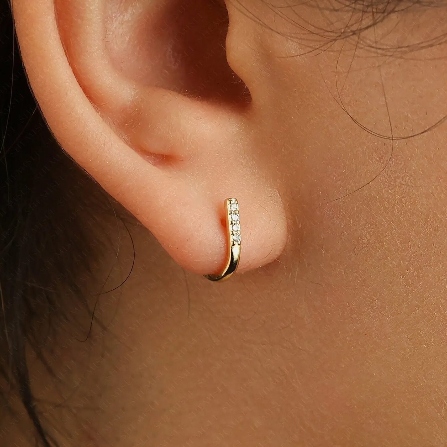 L Shape Small CZ Bar Studs, Hook Hoop Earrings,  Unisex, Gold, Silver SHEMISLI SS076