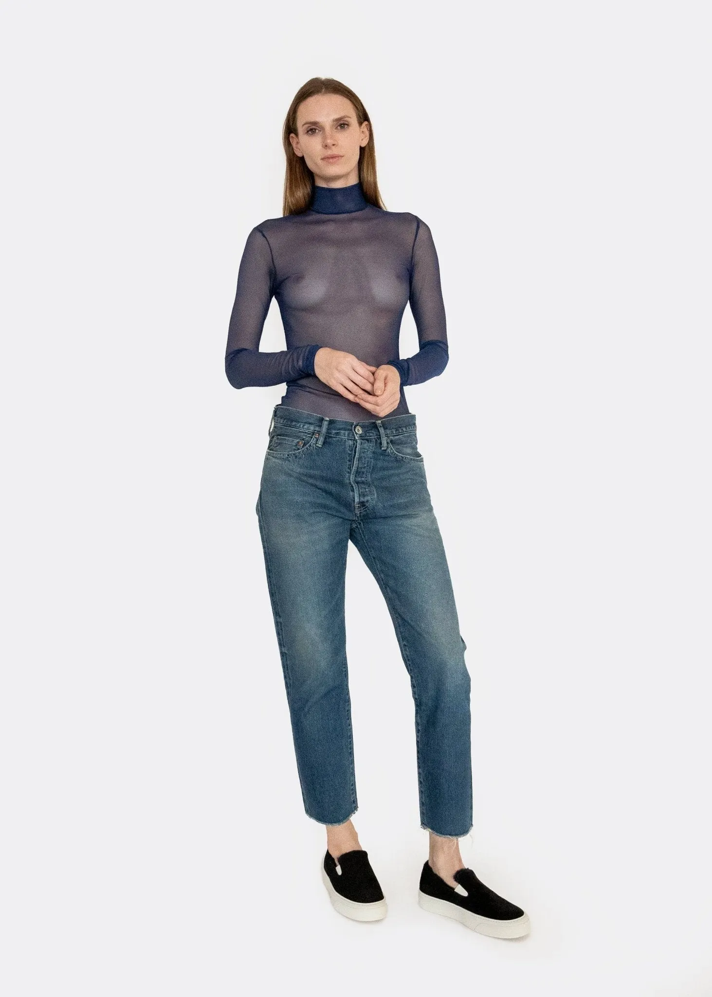 Long Sleeve Mesh Mock Neck in Marine