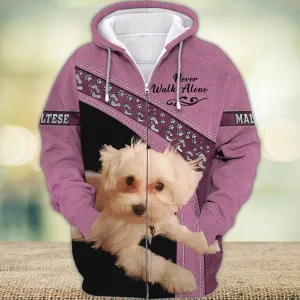 Maltese Love Never Walk Alone Pink 3D Full Print Shirts, Shirt For Dog Lovers, Dog Memorial Gifts for loss of Dog