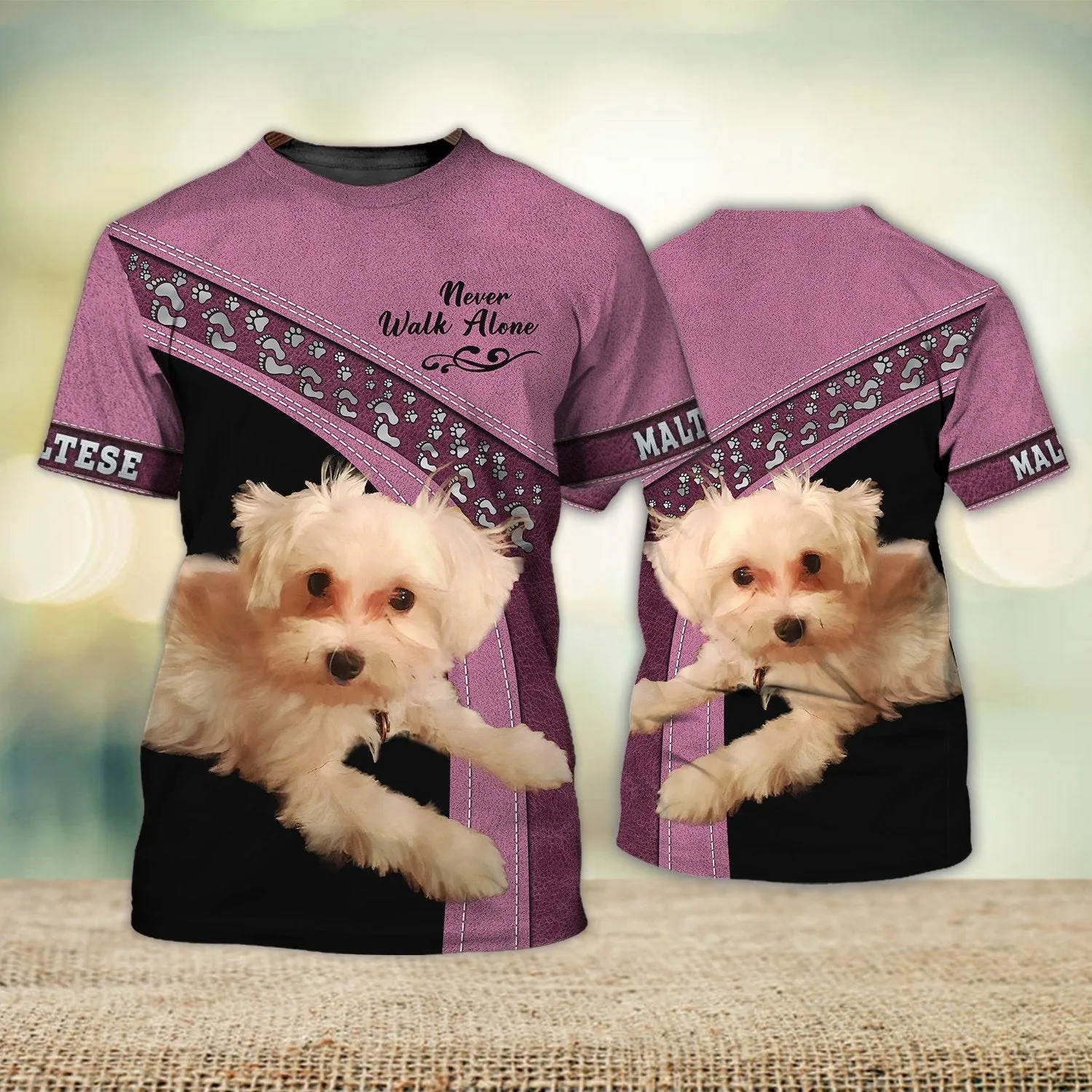 Maltese Love Never Walk Alone Pink 3D Full Print Shirts, Shirt For Dog Lovers, Dog Memorial Gifts for loss of Dog